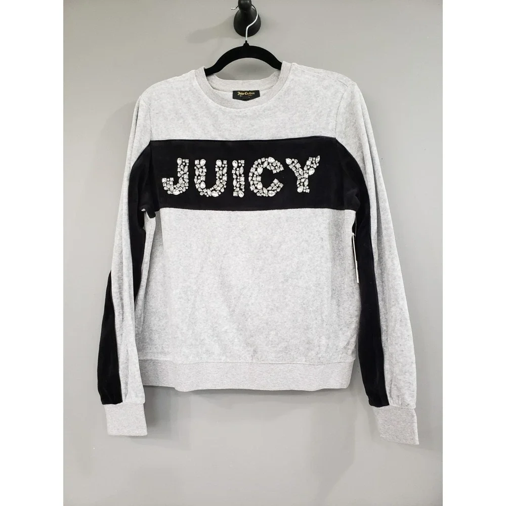 NEW JUICY COUTURE BLACK LABEL Silver Velour Gems Pullover Small $178 glam y2k